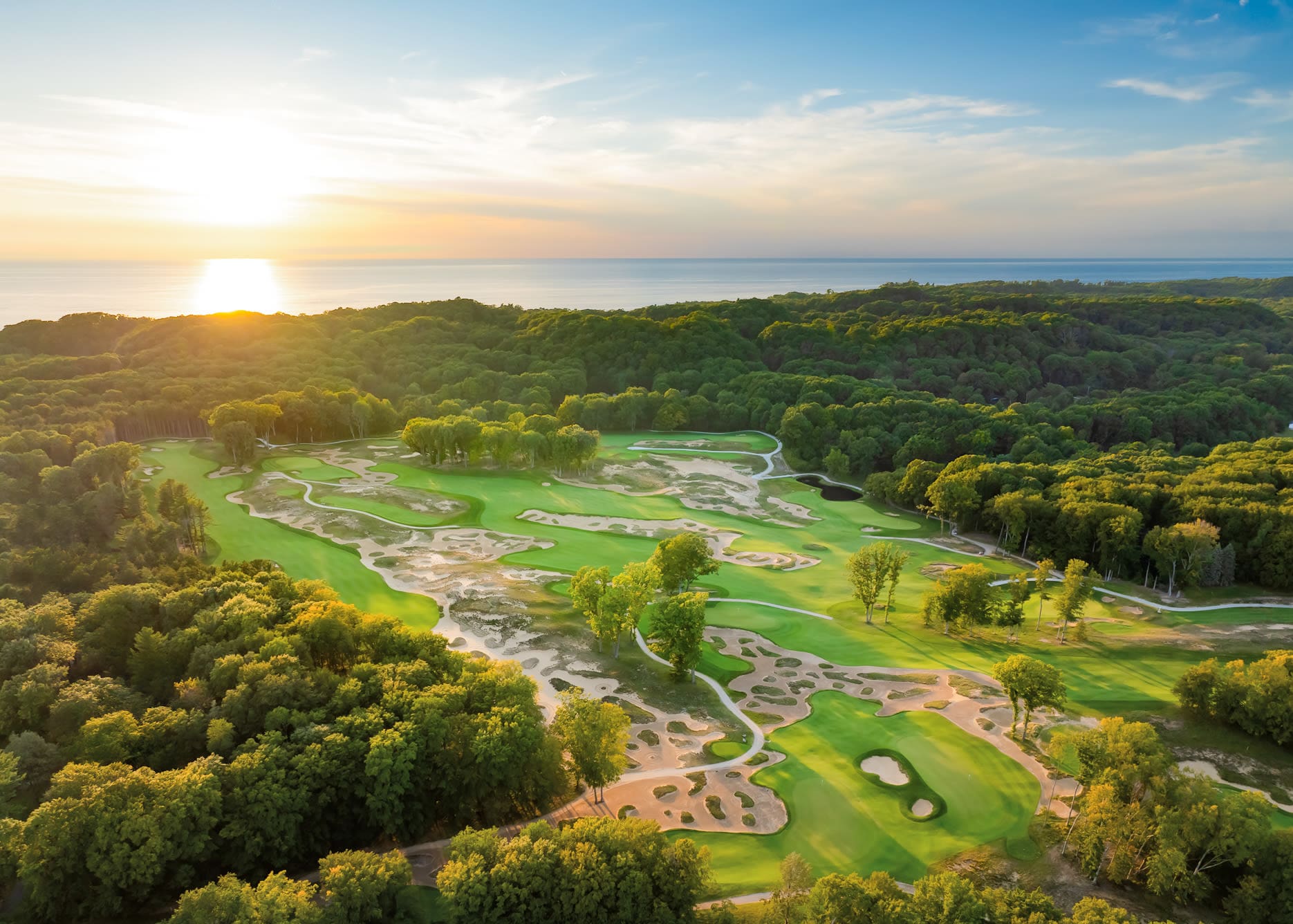 Sunset image of the American Dunes, NY, golf course.