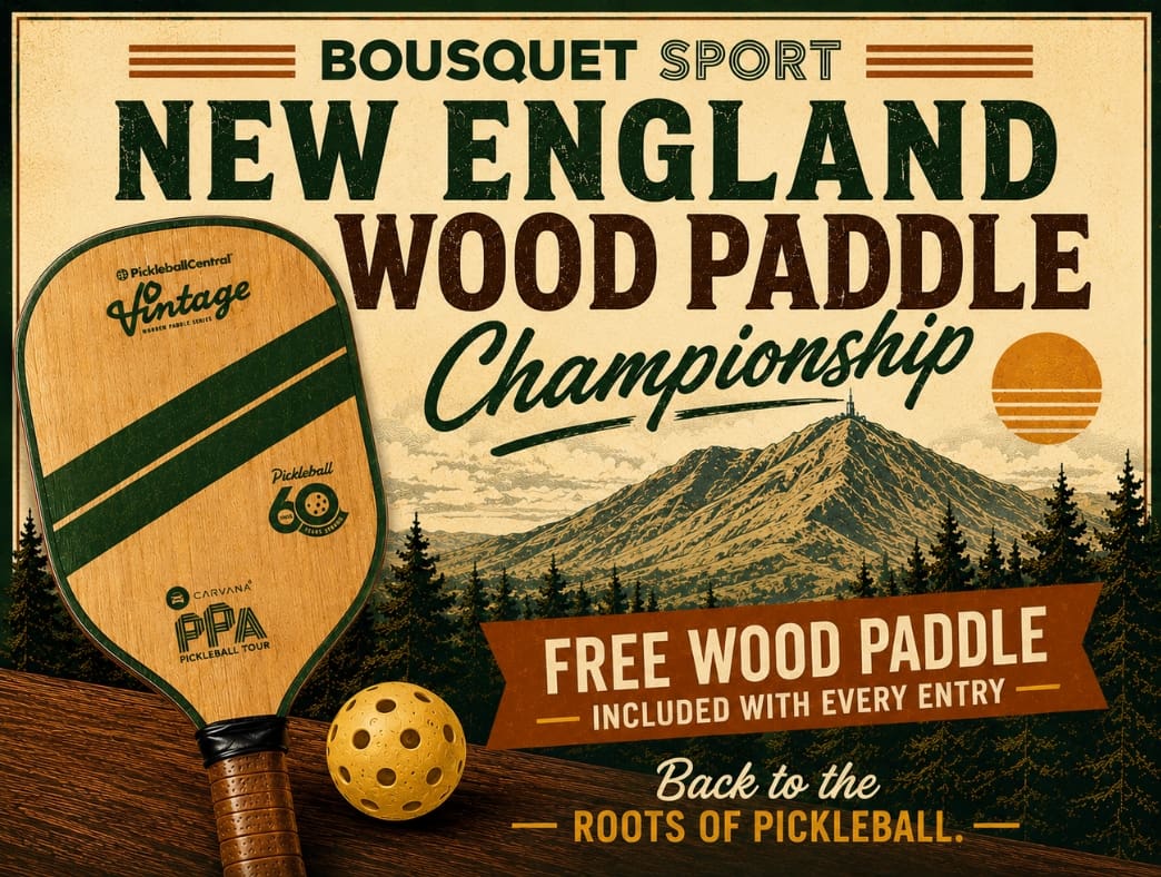 Vintage-style poster advertising the New England Wood Paddle Championship with a wooden paddle, ball, and mountain scenery.