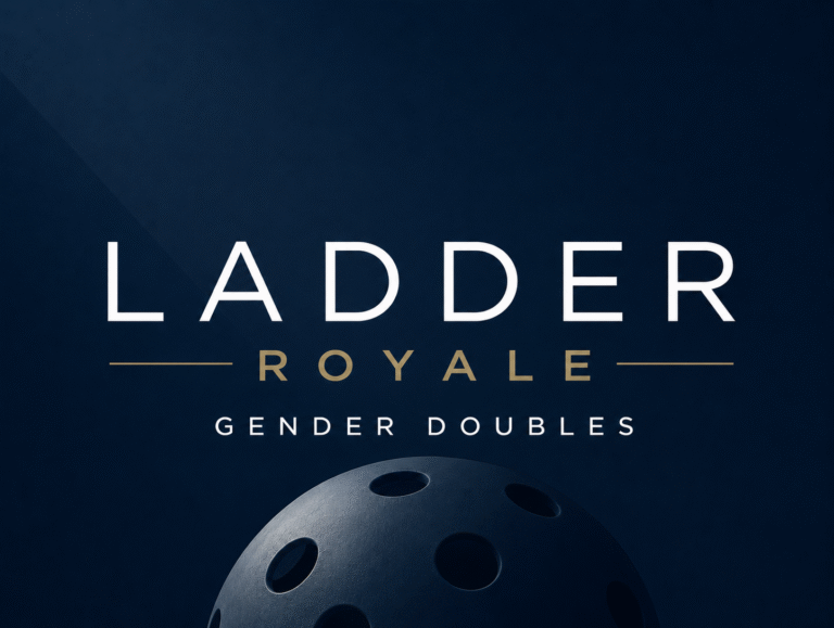 Ladder Royale logo with 'Gender Doubles' subtitle and a partial bowling ball at the bottom on a dark blue background