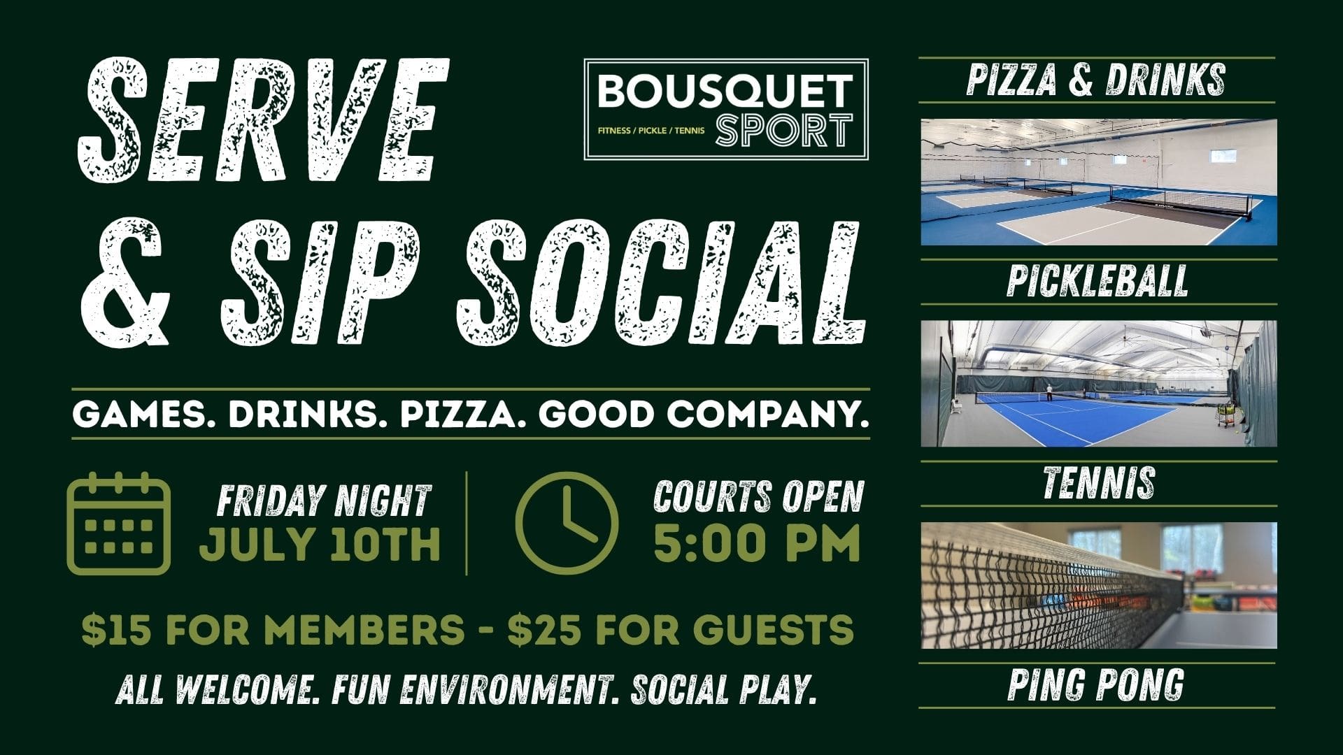 Promotional poster for Bousquet Sport: 'Service & Social' with tennis, pickleball, pizza and drinks.